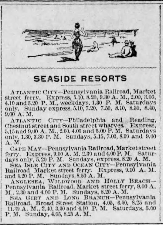 Kristin Holt | Victorian Summer Resorts. Seaside Resorts (Atlantic City, Cape May, Sea Isle City, Ocean City, Anglesea, Wildwood and Holly Beach, Sea Girt and Long Branch.) Advertised with railroad and ferry times. The Times of Philadelphia, Pennsylvania on July 1, 1891.