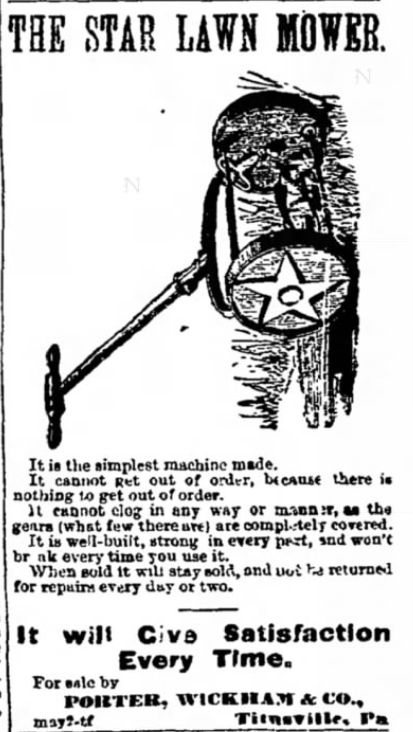 Kristin Holt | Victorian Lawn Mowers. The Star Mower, illustrated advertisement. The Titusville Herald of Titusville, Pennsylvania on May 3, 1871.