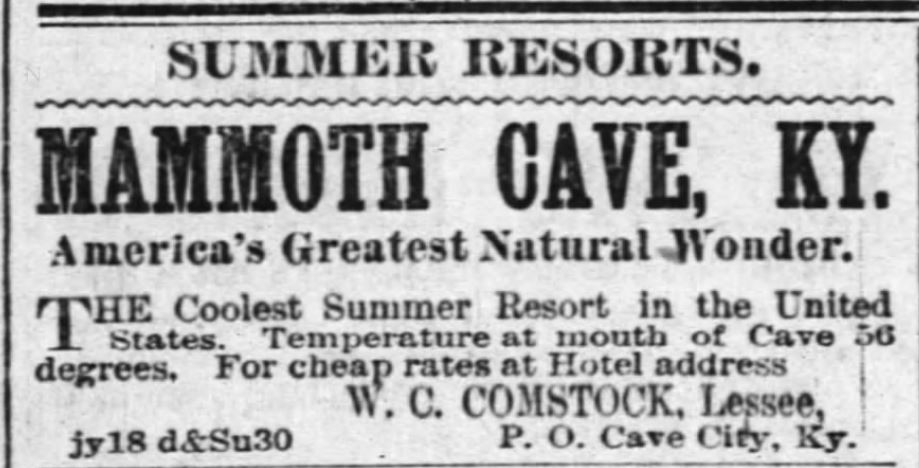 Kristin Holt | Victorian Summer Resorts. Mammoth Cave, Kentucky advertised in The Courier-Journal of Louisville, Kentucky on August 3, 1884.