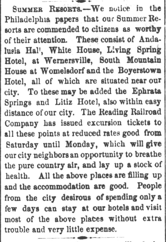 Kristin Holt | Victorian Summer Resorts. Summer resorts in the Philadelphia area advertised, together with excursion tickets on Reading Railroad, in Reading Times of Reading, Pennsylvania, on May 14, 1865.