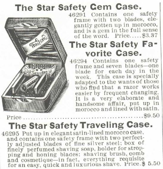 Kristin Holt | Victorian Shaving, Part 2. Advertised in the 1895 Montgomery Ward Spring and Summer Catalog. "The Star Safety Razor Gem Case, Favorite Case, and Traveling Case."