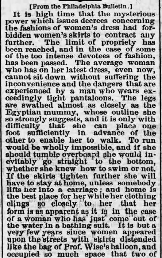 Kristin Holt | Pencil Skirts, Victorian Style. From the Philadelphia Bulletin, Width of womens skirts. Reprinted in Harrisburg Telegraph of Harrisburg, Pennsylvania, June 2, 1875. Part 1 of 2.