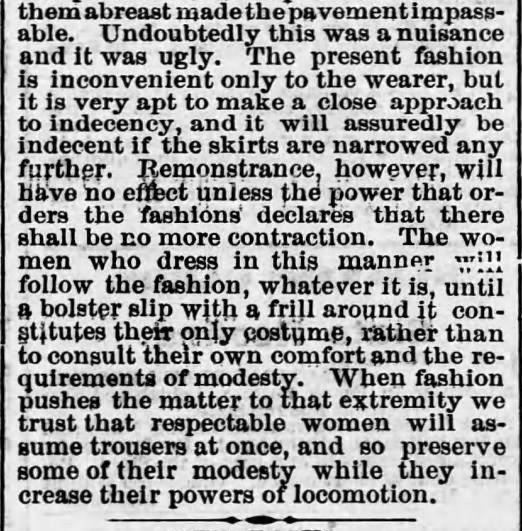 Kristin Holt | Pencil Skirts, Victorian Style. From the Philadelphia Bulletin, Width of womens skirts. Reprinted in Harrisburg Telegraph of Harrisburg, Pennsylvania, June 2, 1875. Part 2 of 2.