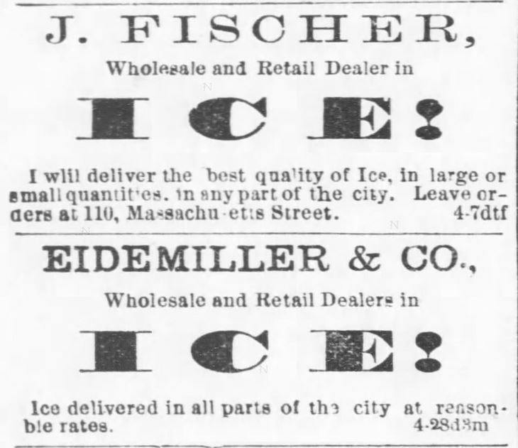 Kristin Holt | Victorian America's Ice Delivery. Two Ice companies (J. Fischer and Eidemiller & Co.) advertise in The Kansas Daily Tribune of Lawrence, Kansas on July 30, 1881.