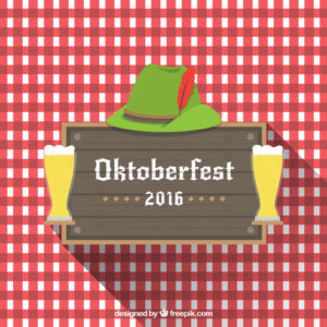 Kristin Holt | Victorian America Celebrates Oktoberfest. A 2016 Oktoberfest red-gingham and green hat (and beer glass) decorative image. Image copyright Freepik.com (used with paid subscription)