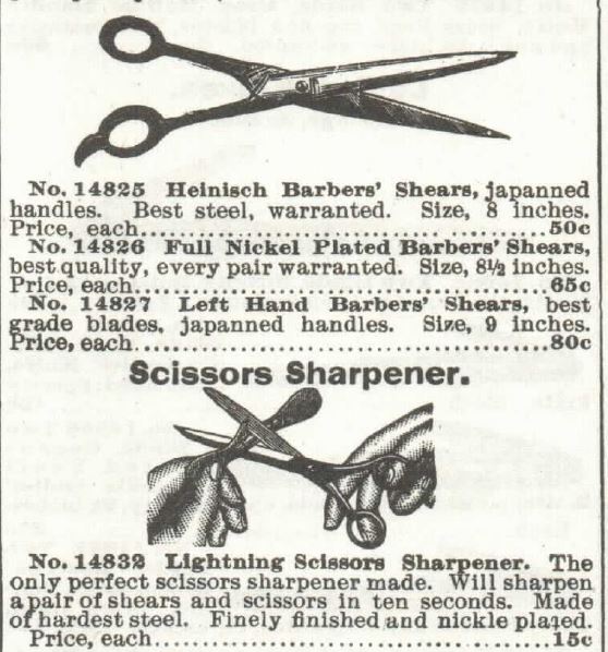 Kristin Holt | Old West Barber Shop Haircut. Image of Barber's Sheers and Scissors Sharpener, for sale in the Sears Roebuck and Co. Catalogue, 1897.