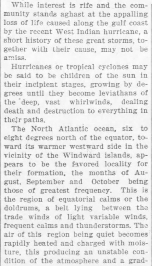 Kristin Holt | Great Hurricane, Galveston, TX (September 8, 1900). Cause of Hurricanes, Part 1 of 3. The Weekly Star and Kansan of Independence, Kansas, on September 21, 1900