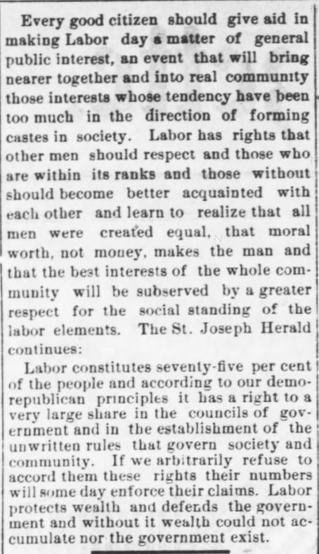 Kristin Holt | Victorian America Celebrates Labor Day. "Every Good Citizen should give aid in making Labor day a matter of general interest." The Kansas City Gazette of Kansas City, Kansas on August 30, 1890.