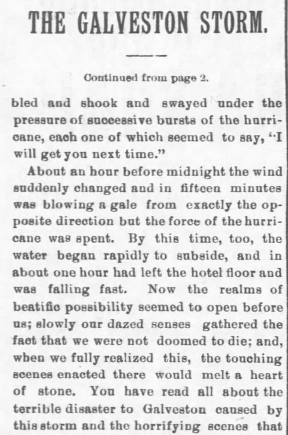 Kristin Holt | Great Hurricane, Galveston, TX (September 8, 1900). Galveston Storm Part 12. Salina Daily Republican-Journal of Salina, Kansas, September 18, 1900.