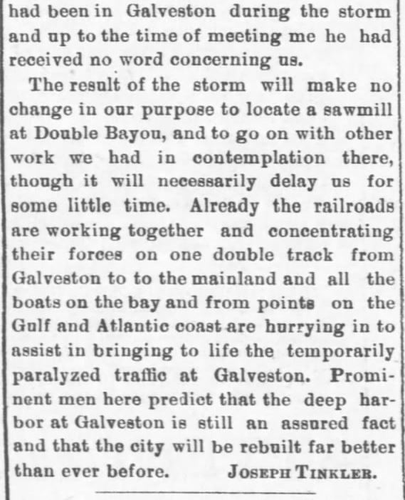 Kristin Holt | Great Hurricane, Galveston, TX (September 8, 1900). Galveston Storm Part 17. Salina Daily Republican-Journal of Salina, Kansas, September 18, 1900.