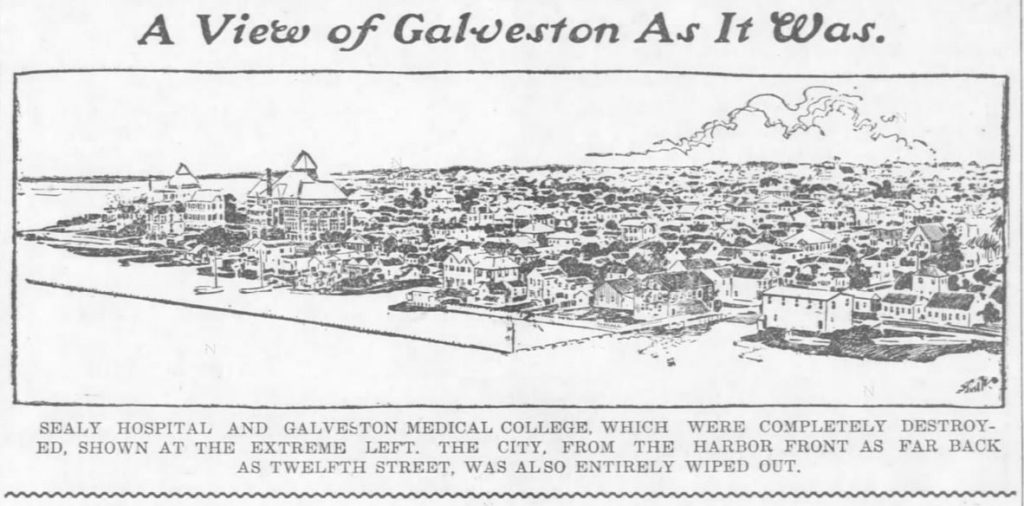 Kristin Holt | Great Hurricane, Galveston, TX (September 8, 1900). Vintage illustration from newspaper: Galveston as it was. Image. The Weekly Star and Kansan of Independence, Kansas on September 21, 1900.