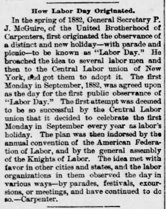 Kristin Holt | Victorian America Celebrates Labor Day. How Labor Day Originated. The Wichita Daily Eagle of Wichita, Kansas on January 1, 1890.