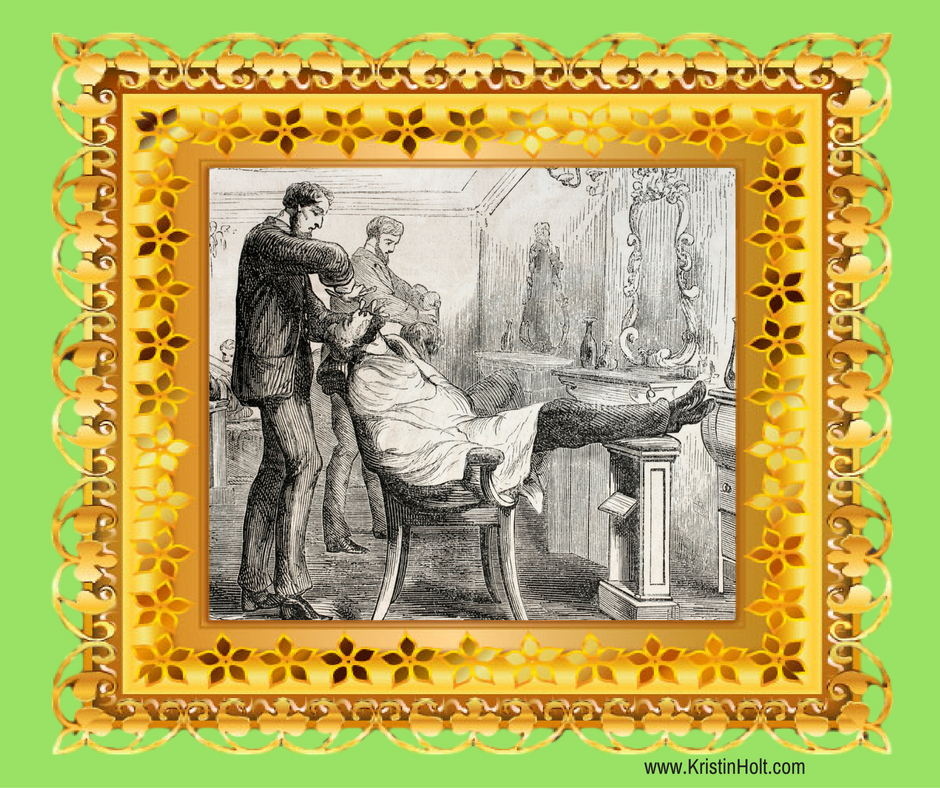 Kristin Holt | Old West Barber Shop Haircut. Vintage Etching (stylized with frame to match article decoration) of vintage barber shop, with standard chair and man reclining to be shaved. Note the high foot stool allowing the man to recline (sort of).line-art-barber-shop-shave-clients-feet-on-pedestal