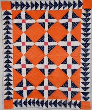 Kristin Holt | Pleaance's Flying Geese. Image: Signature block with Flying Geese Border, Bassinet-size quilt. Circa 1880. For sale by Rocky Mountain Quilts.