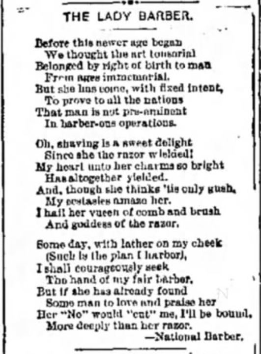 Kristin Holt | Old West Barber Shop. Victorian Poem: The Lady Barber. Published in Hamilton Evening Journal of Hamilton, Ohio. August 16, 1894.
