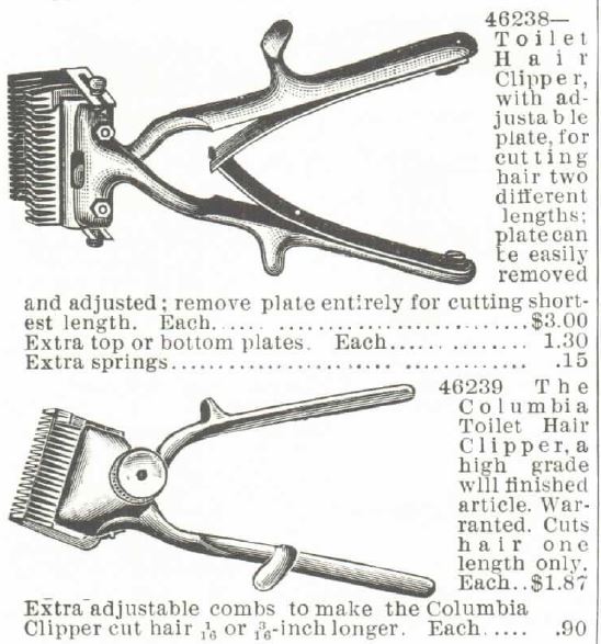 Kristin Holt | Old West Barber Shop Haircuts. Part 2 of 4) Toilet Hair Clippers for sale in the 1895 Montgomery Ward Spring and Summer Catalog.