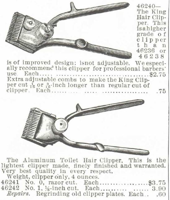 Kristin Holt | Old West Barber Shop Haircuts. Part 3 of 4) Toilet Hair Clippers for sale in the 1895 Montgomery Ward Spring and Summer Catalog.