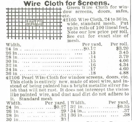 Kristin Holt | Screen Doors, a new invention! 1 of 2). Wire Cloth for Screens sold by Montgomery, Ward and Co. Spring & Summer Catalogue, 1895.