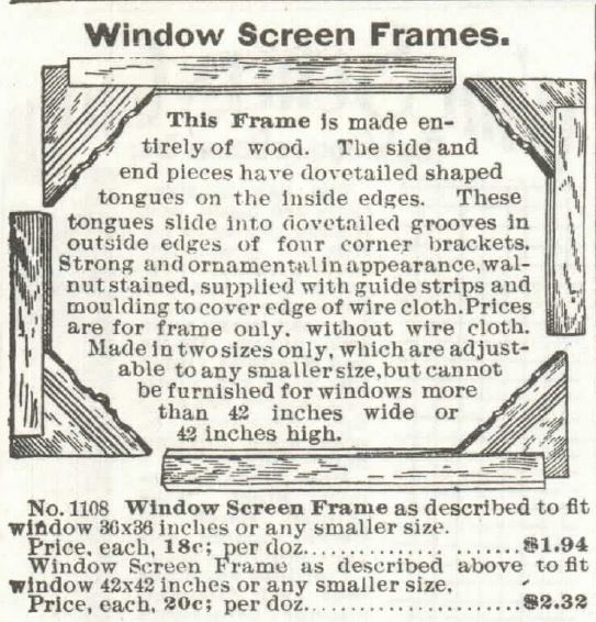 Kristin Holt | Screen Doors, a new invention! Window Screen Frames (1 of 2) for sale by Sears, Roebuck and co. Catalogue, 1897.