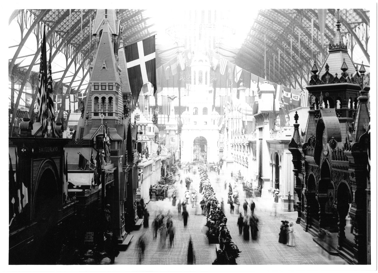 Image from Hemming Hultgren who "digitized image of a picture taken in 1893 by my great grandfather of the World Columbian Exhibit." World's Columbian Exposition in Chicago - Swiss section (left) and Russian section (right), Manufactures and Liberal Arts Building. The photo was on a glass slide, that my father had developed into an image. I digitized it. The photographer was my great grandfather who had a photography shop on 2029 Wabash Avenue, in Chicago. [Image: Public Domain, via Wikipedia]