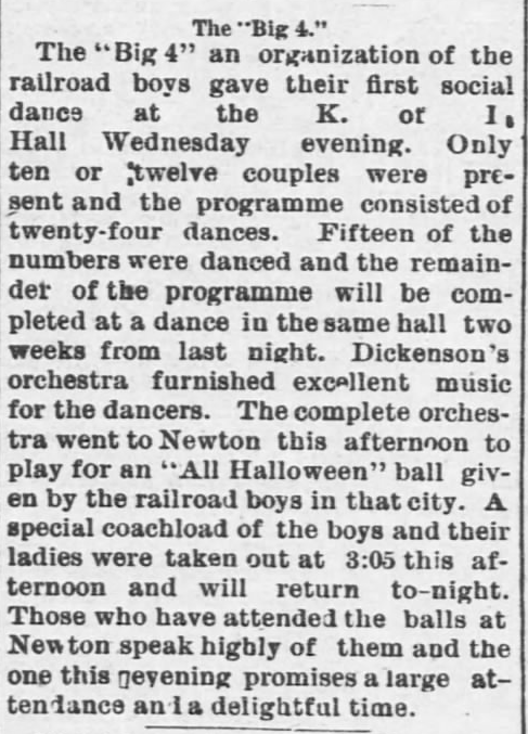 Kristin Holt | Victorian America Celebrates Halloween. Railroad organization (The "Big 4") held a social dance. Published in The Emporia Weekly of Emporia, Kansas, on November 7, 1889.