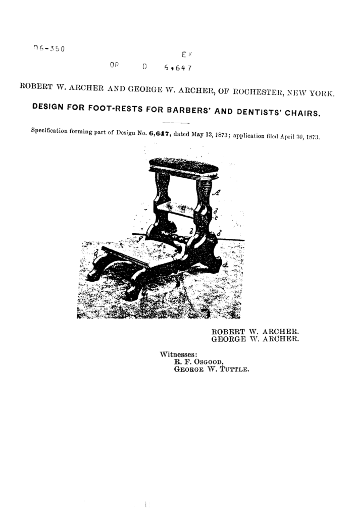 Kristin Holt | Old West Barber Shop Hair Cut. Patent for Barber's Foot Rest, filed April 30, 1873. Inventor: Ffice Robert W. Archer. Source: Google.