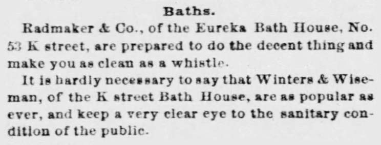 Kristin Holt | Old West Bath House. The Eureka Bath House will "make you as clean as a whistle." Advertised in The Sacramento Bee of Sacramento, California, December 23, 1864.