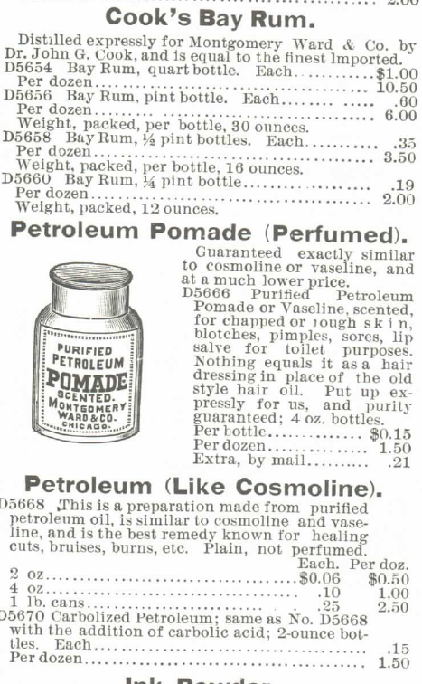 Kristin Holt | Victorian Era Men's Hairstyles. Bay Rum and Petroleum Pomade Perfumed for sale in 1895 Montgomery Ward Spring and Summer Catalogue.