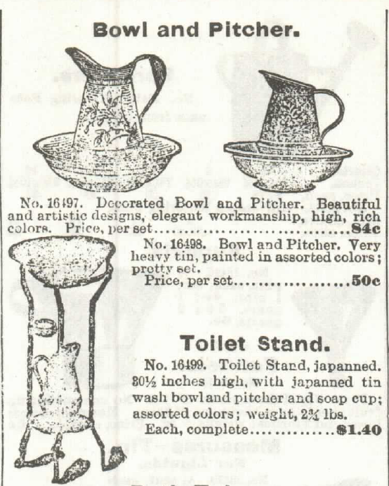 Kristin Holt | Old West Bath Tubs. Bowl and Pitcher, Toilet Stand, for sale in the Sears, Roebuck & Co. catalog of 1897.