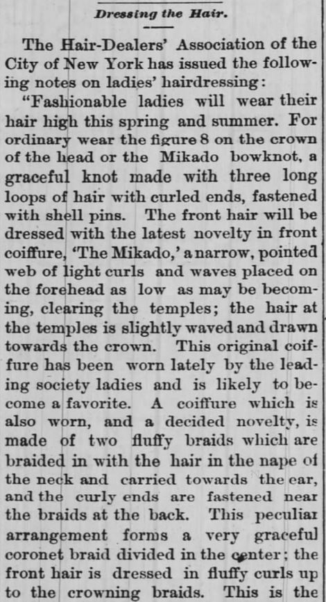 Kristin Holt | Styling Ladies' Hair, American 19th Century. Dressing the Hair, Part 1, The Daily Democrat of Huntington, Indiana, on May 24, 1886.