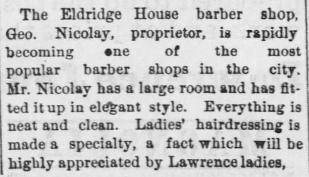 Kristin Holt | Victorian Ladies' Hairdressers. The Eldridge House barber shop makes Ladies' Hairdressing a specialty. Lawrence Daily Journal of Lawrence, Kansas, on June 29, 1888.