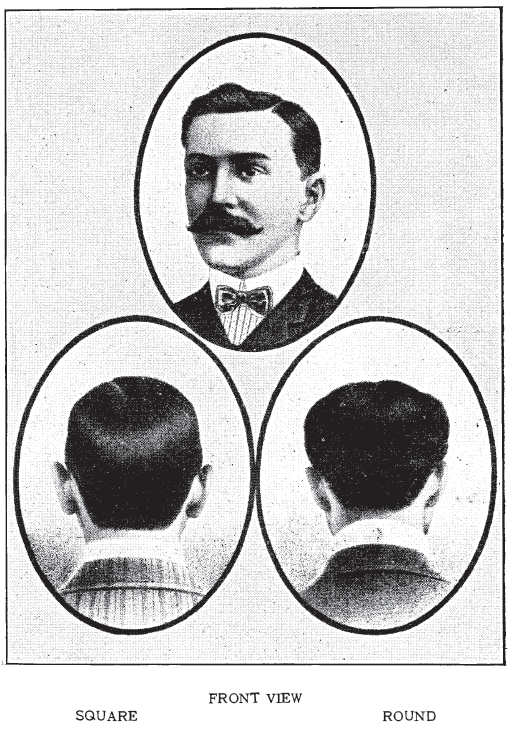 Kristin Holt | Victorian Era Men's Hairstyles. Note the "square" and "round" images for the back of the hair at the nape. From Bridgeford's Revised Barber and Toilet Instructor Manual, 1904.