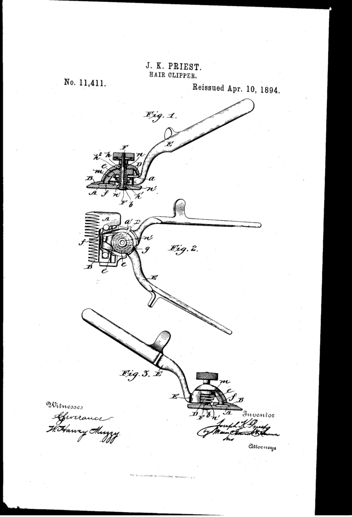 Kristin Holt | Old West Barber Shop Haircuts. Hair Clippers Patent, original from 1892, renewed in 1894. Inventor: Joseph K. Priest of Nashua, New Hampshire. Source: Google.