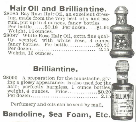 Kristin Holt | Victorian Era Men's Hairstyles. Hair Oil and Brilliantine for sale in 1895 Montgomery Ward Spring and Summer Catalogue