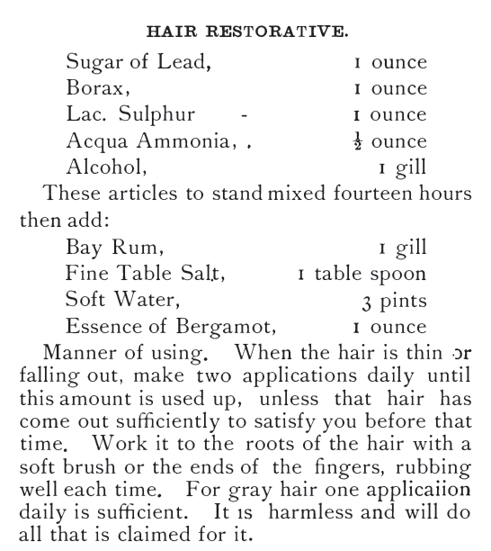 Kristin Holt | Victorian Era Men's Hairstyles. Hair Restorative Receipt (recipe) from Barber Instructor and Toilet Manual, published year 1900.