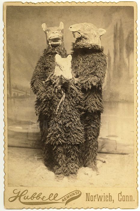 Kristin Holt | Victorian America Celebrates Halloween. Halloween Victorian Cabinet Card. Shows three persons in furry animal costumes with paper mache (?) heads.