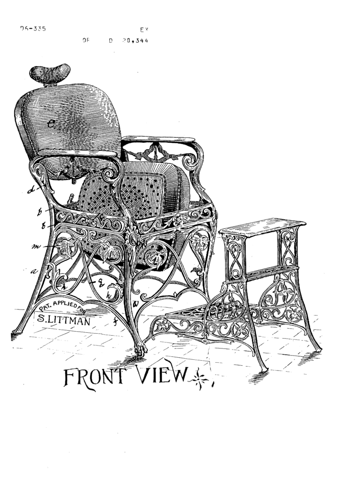 Kristin Holt | Old West Barber Shop Haircut. Patent from inventor Hans A. Schneekloth for a barber chair with foot rest. Date: August 15, 1890. Image: Google.