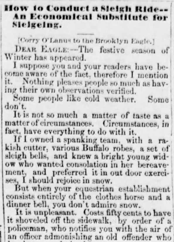 Kristin Holt | How to Conduct a Victorian Sleigh Ride. Newspaper article: "How to Conduct a Sleigh Ride--An Economical Substitute for Sleighing," Published in Holmes County Farmer of Millersburg, Ohio, on January 26, 1865. Part 1 of 3.