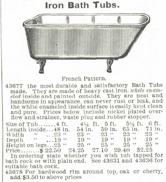 Kristin Holt | Old West Bath Tubs. Iron Bath Tubs--with optional hardwood cabinetry of oak or cherry. Offered within Montgomery Ward & Co. catalog, 1895.