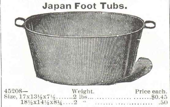 Krisitn Holt | Old West Bath Tubs. Japan Foot Tubs, for sale in the Montgomery, Ward & Co. Catalog in 1895. Representative of items available and used throughout the era.