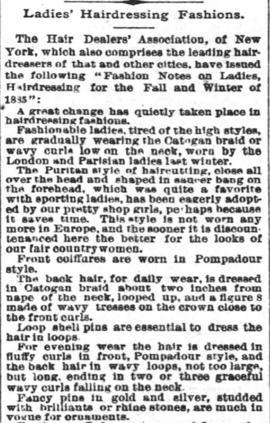 Kristin Holt | Styling Ladies' Hair, American 19th Century. Ladies Hairdressing Fashions, Part 1, published in The Times-Picayune of New Orleans, Louisiana, on November 23, 1885.