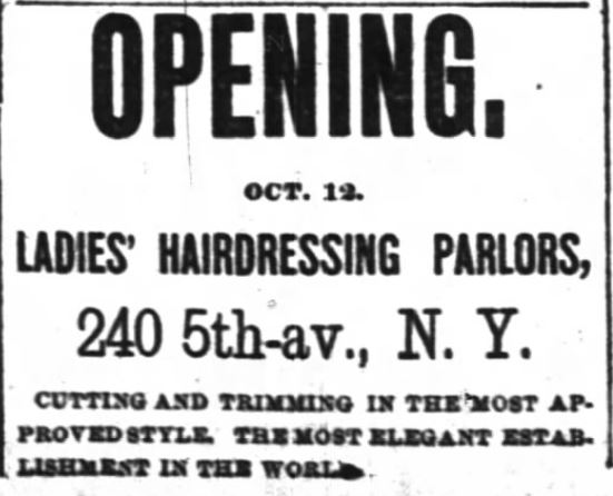 Kristin holt | Victorian Ladies' Hairdressing. Opening of Ladies' Hairdressing Parlors on 240 5th Ave., New York. The New York Times of New York, New York on October 11, 1885.