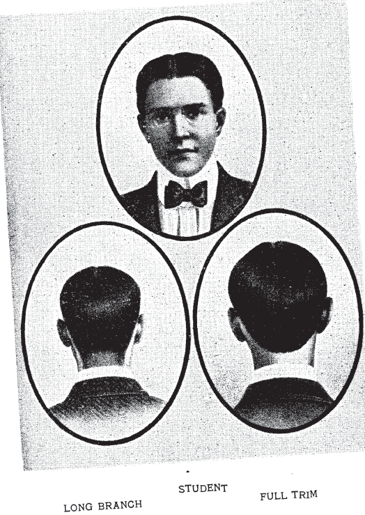 Kristin Holt | Victorian Era Men's Haistyles: "Long Branch" full trim for male "students." From Bridgeford's Revised Barber and Toilet Instructor Manual, 1904.