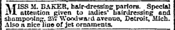 Kristin Holt | Victorian Ladies' Hairdressers. Miss Baker Hair Dressing Parlors. Detroit Free Press of Detroit, Michigan. November 7, 1880.