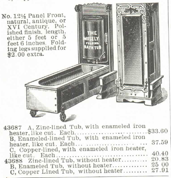 Kristin Holt | Old West Bath Tubs. The Mosely Self-Heating Folding Bath Tub and Water Heater (for Gas or Gasoline). For sale in the Montgomery Ward & Co. Catalog of 1895. Part 3 of 4.