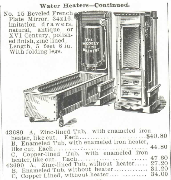 Kristin Holt | Old West Bath Tubs. The Mosely Self-Heating Folding Bath Tub and Water Heater (for Gas or Gasoline). For sale in the Montgomery Ward & Co. Catalog of 1895. Part 4 of 4.