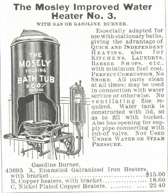 Kristin Holt | Old West Bath Tubs. Mosely Water Heater for bathtubs, Improved Model #3 for sale in the Montgomery Ward Catalog of 1895.