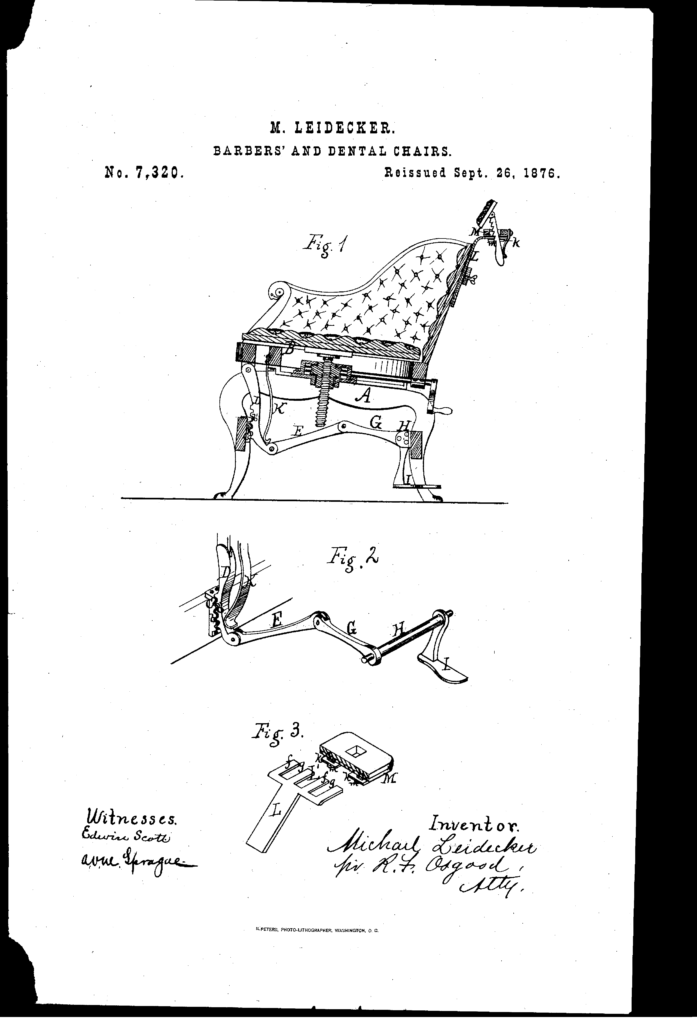 Kristin Holt | OIld West Barber Shop Haircuts. Patent for improvement in Barber and Dentist Chairs. File Date June 6, 1876. Source: Google.