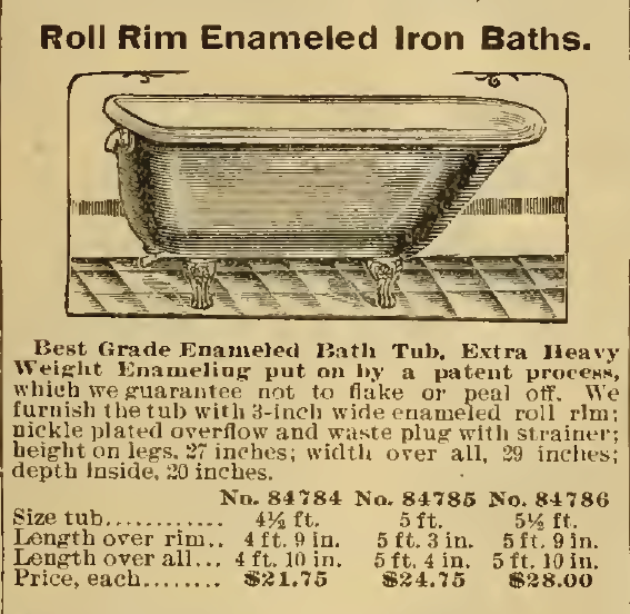 Kristin Holt | Old West Bath Tubs. Roll Rim Enameled Iron Baths offered in Sears, Roebuck & Co. Catalog, 1898.