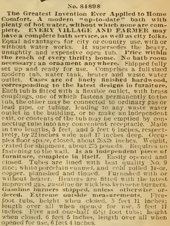 Kristin Holt | Old West Bath Tubs. Mosely Self-heating Folding Bath Tub (part 2) for sale in Sears, Roebuck & Co., 1898.